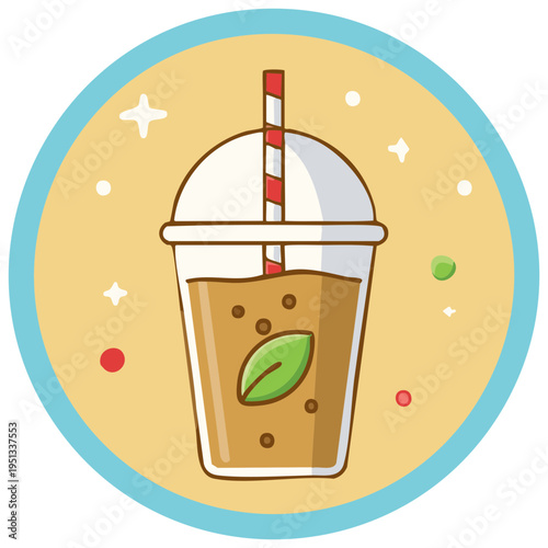 Cute cartoon illustration of iced boba milk tea with tapioca pearls and a mint leaf