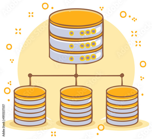 Modern vector illustration of a hierarchical database system with connected data storage nodes