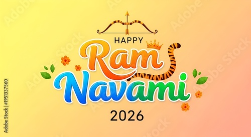 Happy ram navami 2026 colorful calligraphy with bow and arrow
