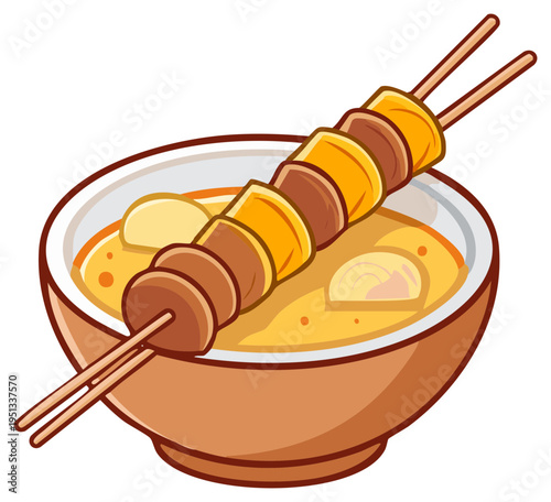 Grilled Skewer with Fried Banana and Sausage Over Bowl of Curry Soup Illustration