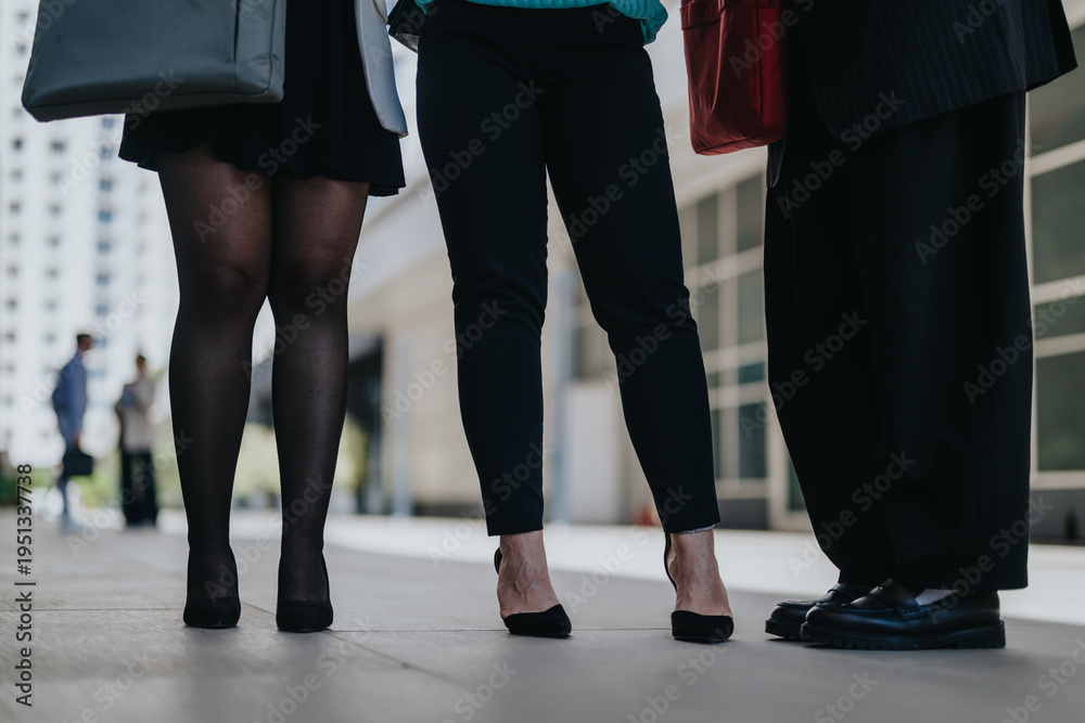 Fototapeta premium Three business colleagues stand together showing lower legs and footwear in an urban office plaza. Close-up of their legs and shoes during a brief outdoor meeting outside corporate buildings.