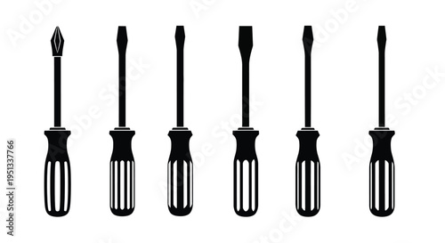 Six black and white illustrations of various screwdriver types