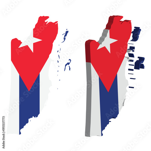 A detailed 3D map of Cuba is presented with its national flag design. This graphic representation can be used for various informational and patriotic purposes.