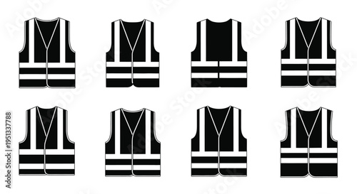 Collection of black and white safety vests displayed in a grid 