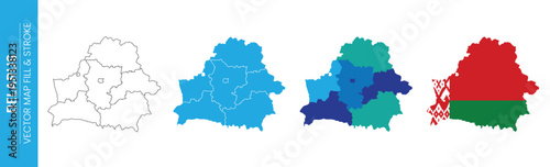 Four distinct views of Belarus are presented on a white background. The first shows a political map outline, followed by a solid blue fill, a multicolor regional fill, and finally the country filled w