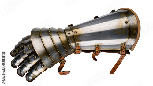 фотографія Isolated medieval knight gauntlet, a detailed historical metal armor glove with leather straps