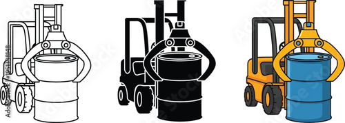 Vector illustration of a forklift with a drum grab attachment lifting a barrel available in outline silhouette and full color for industrial logistics and warehouse operations