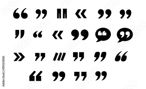 Collection of various black quotation marks and speech bubble typographic symbols on a white background, useful for text citation