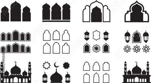 Islamic architecture and mosque icons  silhouettes of buildings and decorations