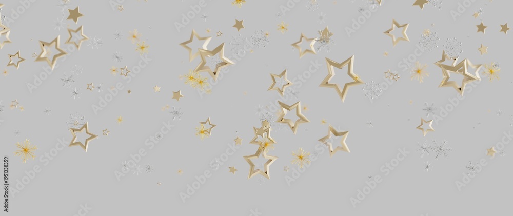Fototapeta premium Abstract image of gold stars and snowflakes floating on a soft gray background, suitable for Christ