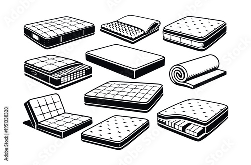 Mattresses and mattress toppers vector set featuring various types, cutaways showing layers, rolled designs, and flexible options