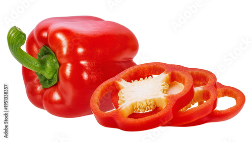 Foto Isolated vibrant whole red bell pepper and perfectly cut fresh vegetable slices