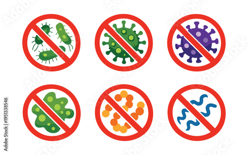 Stopping various microorganisms, bacteria, and viruses with prohibition signs for antiseptic, antibacterial, and clean concepts