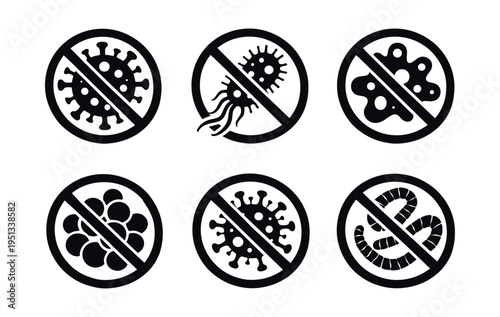 Icons showing various microbes like viruses, bacteria, and parasites in a no-entry sign, symbolizing disinfection and control