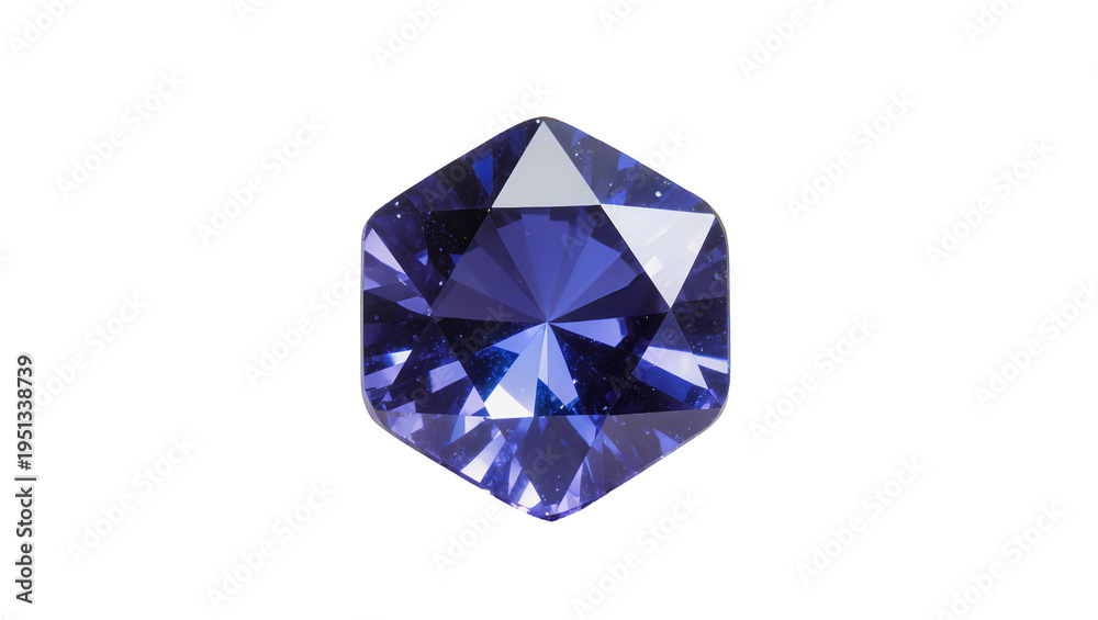 Fototapeta premium Isolated deep blue purple faceted hexagonal gemstone for luxury jewelry design and adornment