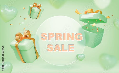 3d Spring sale banner design with gift boxes, glass morphism and hearts. Green background discount banner, gifts and promo coupon