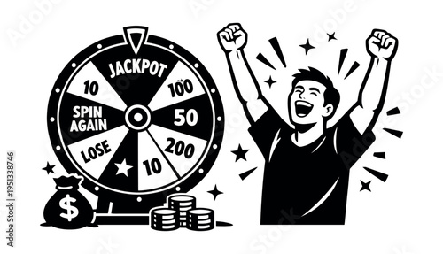 Happy man celebrating a big win on a prize wheel, winning a jackpot with a money bag and coins