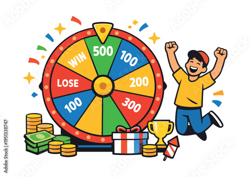 Cheerful winner jumping after spinning the wheel of fortune, gaining money and prizes in a game of luck and chance
