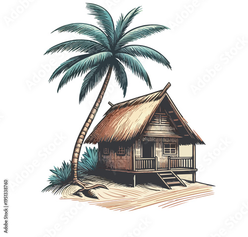 Tropical beach hut with palm trees by the ocean on a sunny island paradise