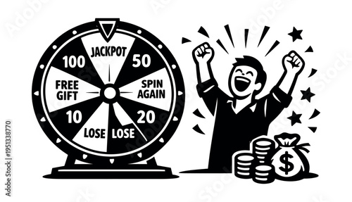 Man cheering with fists raised, standing next to a wheel of fortune showing jackpot and a bag of money