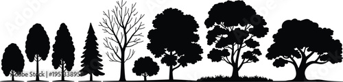 Silhouette of diverse trees at dusk minimalist black and white nature landscape illustration