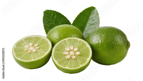 Isolated fresh whole and sliced green limes with leaves, vibrant citrus fruit close-up shot