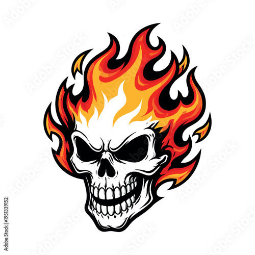 Flaming skull graphic design, featuring intense fire surrounding a menacing skeleton head, symbolizing death, rebellion, and fear