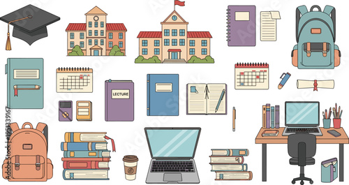 Education and School Supplies Icon Set Featuring Backpack Books Laptop Notebook Calendar Diploma and Study Desk Objects for Learning and Academic Illustration Collection