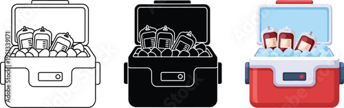 Set of medical cooler box icons with blood bags and ice featuring flat design outline and glyph styles for healthcare applications