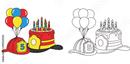 Firefighter 5th birthday cake with helmet and balloons, color and outline coloring page vector.