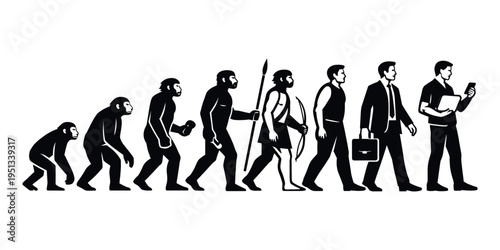 Series of silhouettes illustrating human evolution from an ape to a modern man evolving through technological advancement