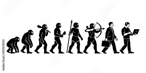 Human evolution charting progress from primitive ape to modern man using technology. Concepts of development and advancement