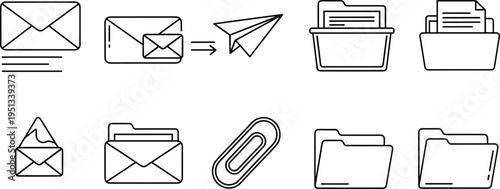 Email Communication and File Management Icon Set Featuring Inbox, Mail, Paperclip, Attachments, and Folder Icons for Digital Communication Applications