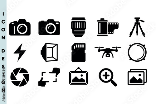 Icon set of solid photography and multimedia glyph symbols. Black silhouette icons for tripod stands, memory cards, flash lighting, and image framing. Professional vector design.