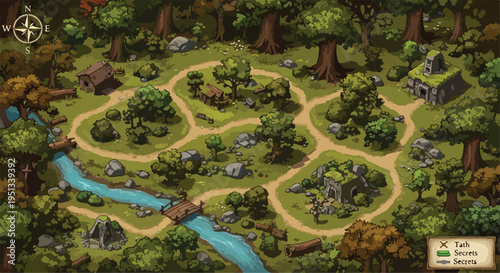 Fantasy forest map vector illustration with winding paths, river, wooden bridge, trees, rocks, and old buildings for game design