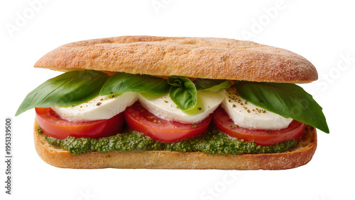 Fotografie Isolated Caprese sandwich with fresh basil, mozzarella cheese, and sliced tomato