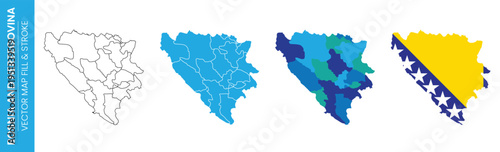 Four stages of map representation for Bosnia and Herzegovina including outline, solid fill, multiple color fill, and national flag. Ideal for geographical and political information.