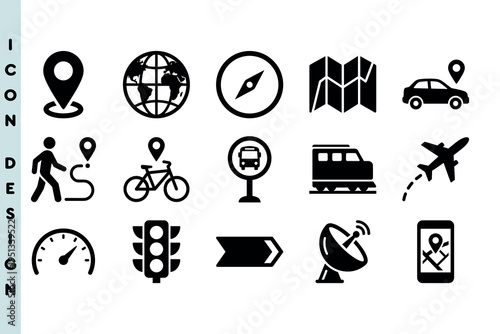Icon set of solid navigation and geographic tracking glyphs. Black silhouette icons for global travel, compass tools, and traffic signals. Professional route vector design.