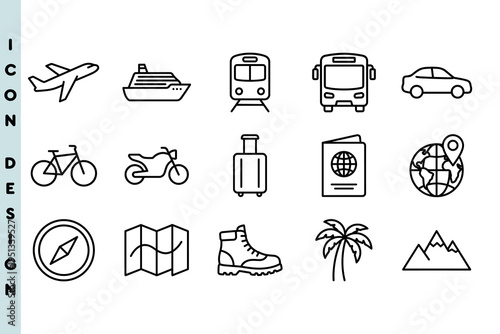 Icon set of linear travel and transport symbols. Outline graphics for airplane, cruise ship, train, and bus. Global tourism and vacation elements for navigation vector design.