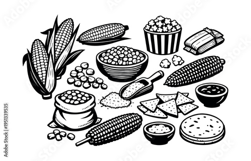 Illustrating various corn products and related foods like ears, kernels, flour, tortilla, tamales, popcorn, and nachos