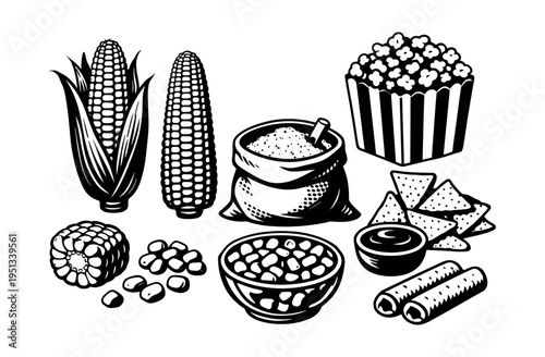 Displaying various corn items including fresh cobs, kernels, flour, popcorn, and nachos with dip, illustrating diverse uses