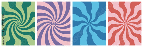 Swirl spiral psychedelic patterns, retro vector wavy background, abstract groovy swirl rays, funky colorful burst, trippy decorative design set