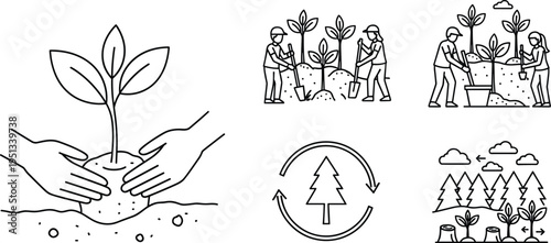 Environmental Conservation Icon Set – Vector Illustration of Tree Planting, Recycling, and Reforestation for Sustainability, Nature, and Green Practices