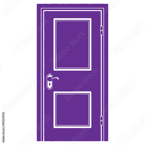 Purple door with white trim and silver handle isolated on transparent background