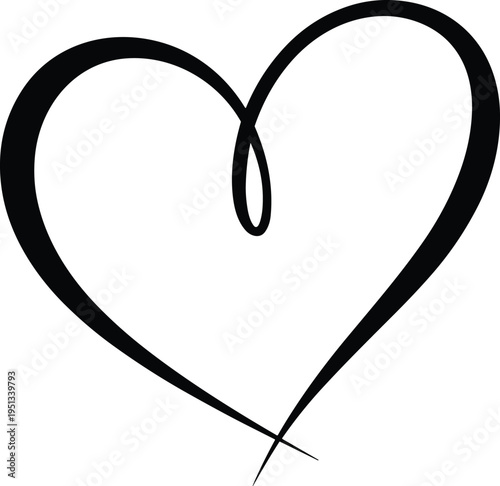 Black hand-drawn heart symbol with elegant loop design isolated on white background for love and romance