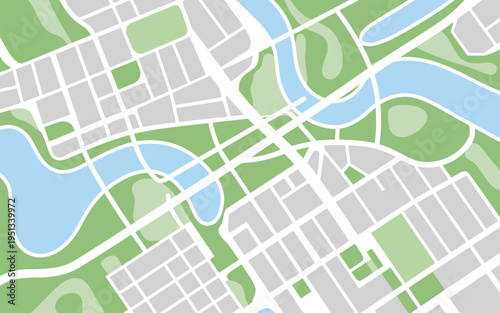 Illustrated city map with green parks and blue rivers vector design for urban planning and travel guides