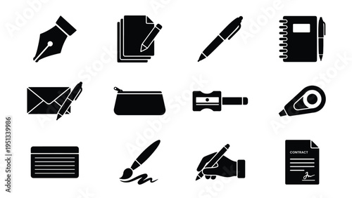 Stationery and writing tools glyph icon set for office correspondence, document signing, and supply management app or website UI design