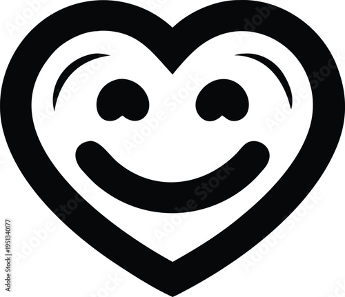 Smiling heart face in black smiling face white background symbol