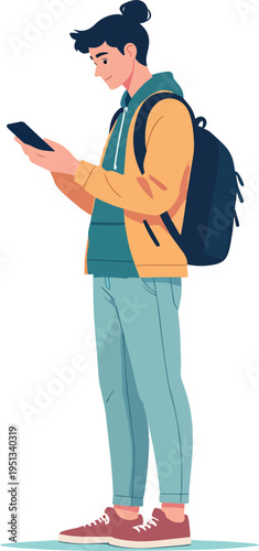 Illustrazione vettoriale di una persona in piedi che guarda lo smartphone. Concetto di comunicazione digitale, social media, tecnologia e connessione, ideale per lifestyle moderno, app e utilizzo quot