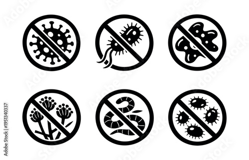 Icons showing different harmful microorganisms with a prohibition sign, representing a ban on unhygienic conditions and disease